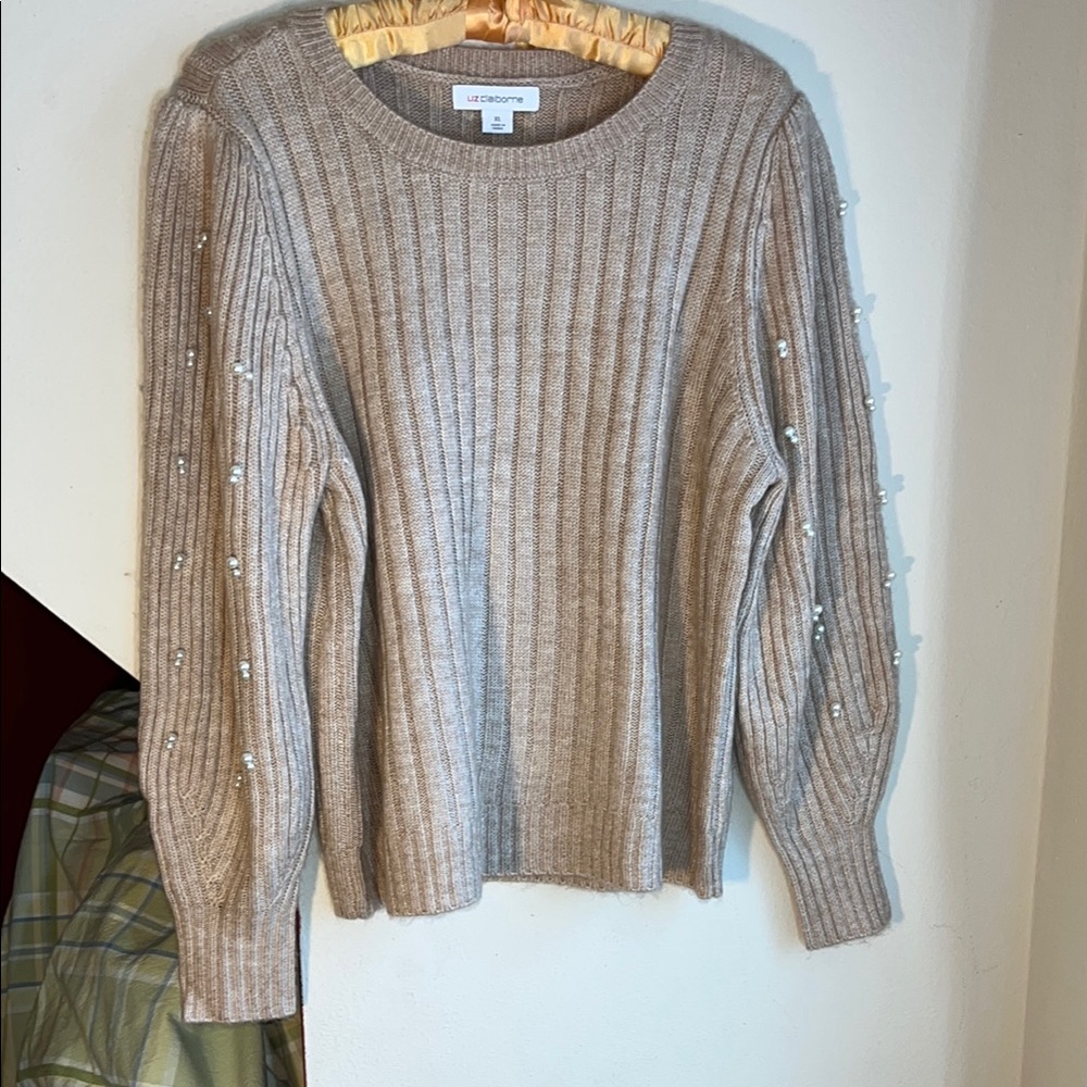 Liz Claiborne Pearl-Embellished Tan Sweater Puff Sleeve‎ Playful Knitwear